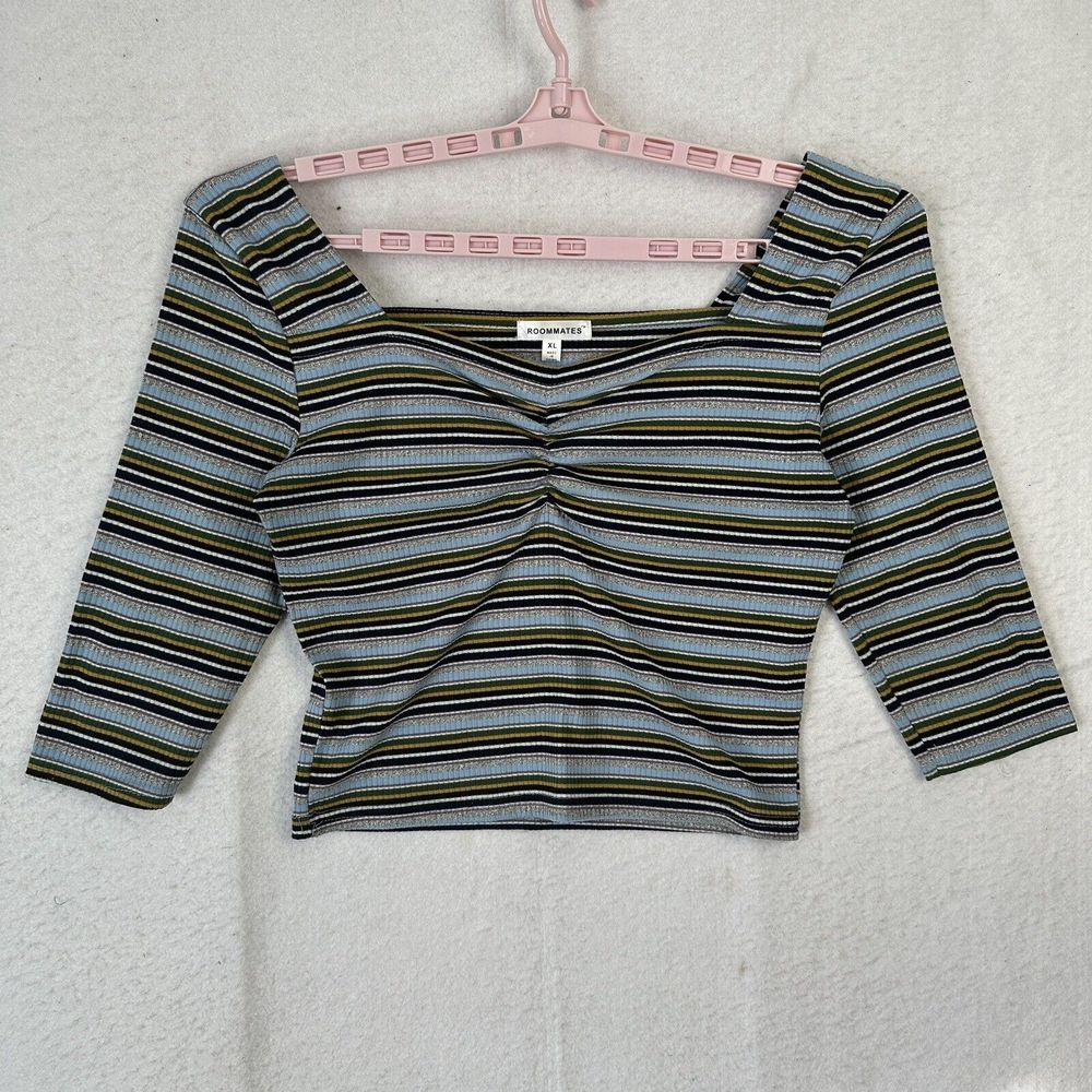 Roommates Women Crop Top XL Multicolor Gray Striped Off The Shoulder Long Sleeve